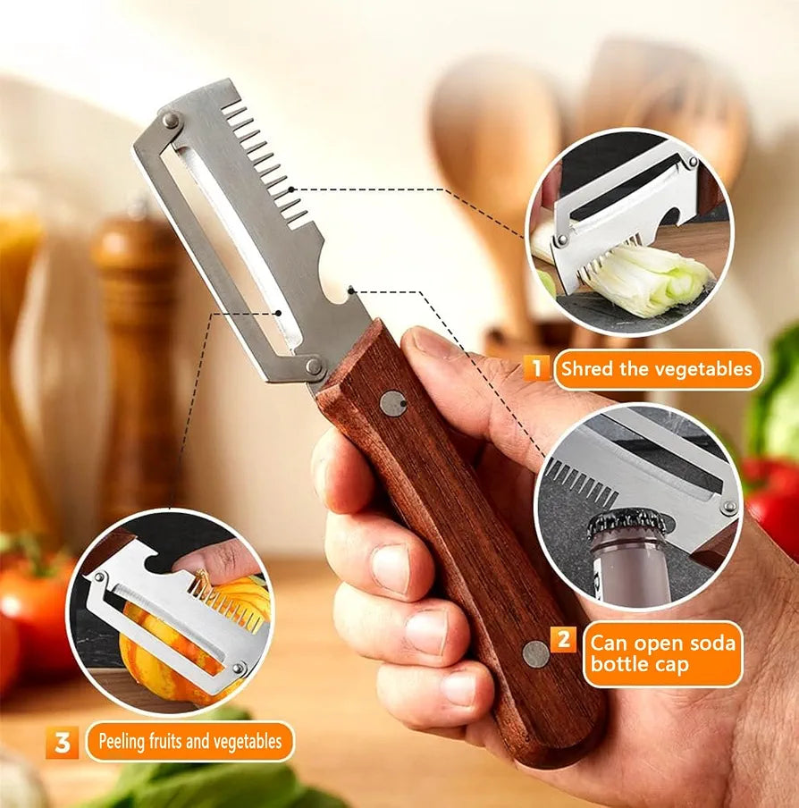 3-in-1 Stainless Steel Vegetable Peeler with Wooden Handle | Multifunctional Kitchen Tool