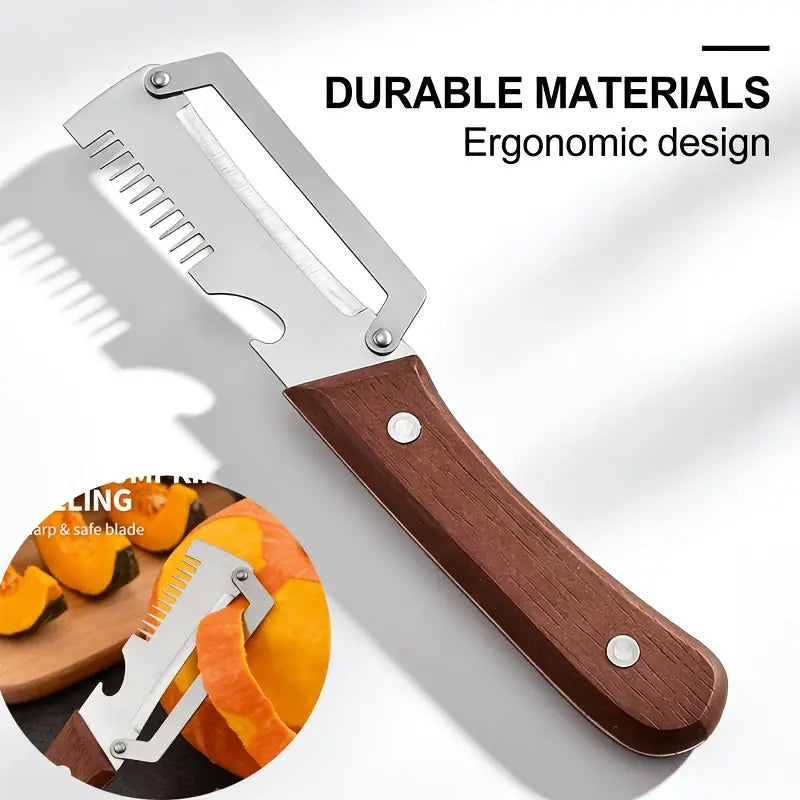 3-in-1 Stainless Steel Vegetable Peeler with Wooden Handle | Multifunctional Kitchen Tool