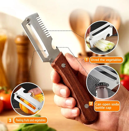 3-in-1 Stainless Steel Vegetable Peeler with Wooden Handle | Multifunctional Kitchen Tool