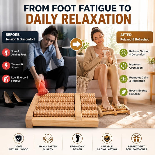 Traditional Wooden Roller Foot Massager |  Natural Wood Foot Relaxation Massager
