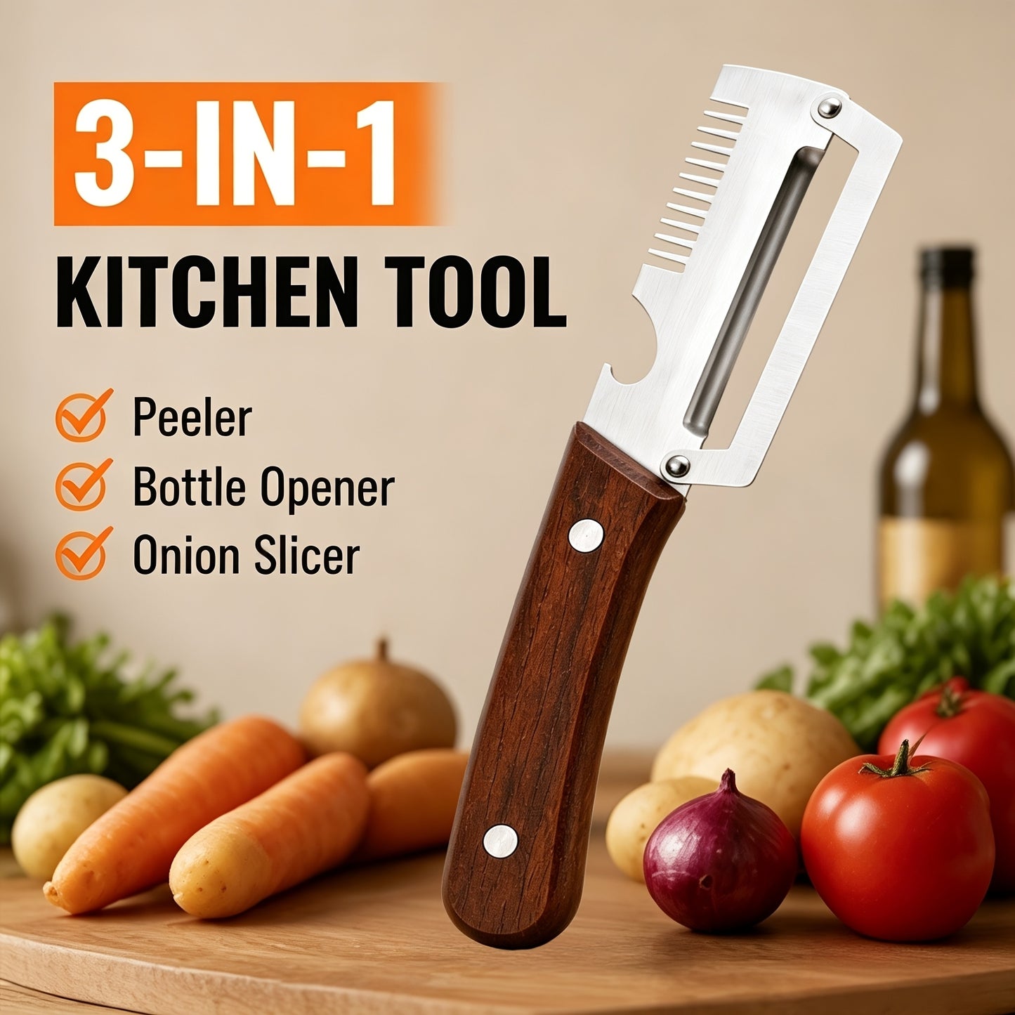 3-in-1 Stainless Steel Vegetable Peeler with Wooden Handle | Multifunctional Kitchen Tool