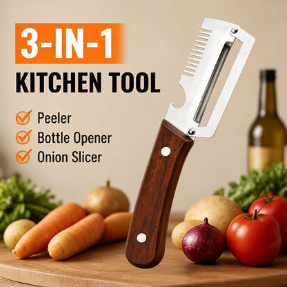 3-in-1 Stainless Steel Vegetable Peeler with Wooden Handle | Multifunctional Kitchen Tool